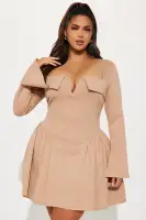 Elegant Ponte Mini Dress with Square Neckline & Long Bell Sleeves – Olive & Mocha(Mocha,XS)