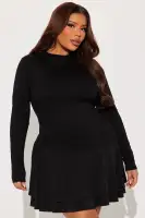 Chic Black Asymmetrical Micro Mini Dress - Mock Neck, Long Sleeves & Tiered Hem(Black,XS)