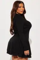 Chic Black Asymmetrical Micro Mini Dress - Mock Neck, Long Sleeves & Tiered Hem(Black,XS)