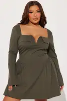 Elegant Ponte Mini Dress with Square Neck & Bell Sleeves – Olive & Mocha(Olive,XS)