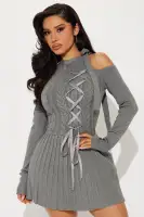 Elegant Grey Cold Shoulder Sweater Mini Dress with Lace-Up & Pleated Detail(Grey,XS)