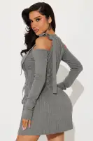Elegant Grey Cold Shoulder Sweater Mini Dress with Lace-Up & Pleated Detail(Grey,XS)