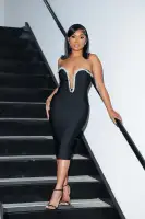 Elegant Sweetheart Neckline Midi Dress with Rhinestone Embellishments - Black, Pink, White, Blue(Black,XS)