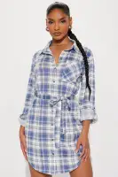 Stylish Blue & Combo Flannel Mini Dress - Collar Neckline, 3/4 Sleeves & Tie Waist