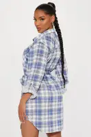 Stylish Blue & Combo Flannel Mini Dress - Collar Neckline, 3/4 Sleeves & Tie Waist(Blue/combo,XS)
