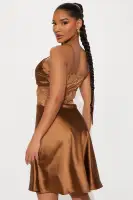 Elegant Brown Satin Lace Mini Dress - V-Neck Adjustable Spaghetti Strap with Sheer Lace Trim(Brown,XS)