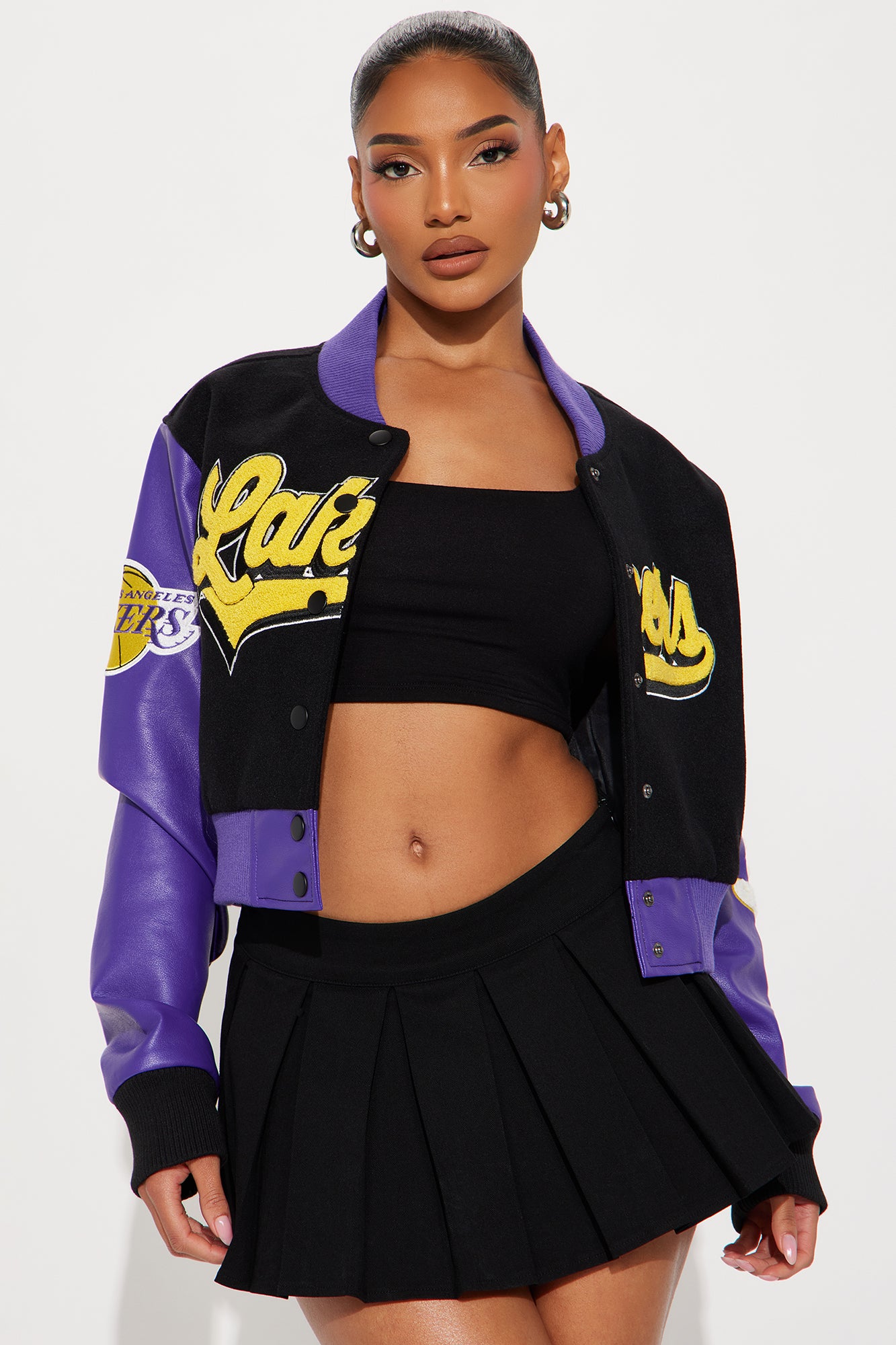 Lakers Graphic Faux Leather Bomber Jacket - Black Stylish NBA Streetwear
