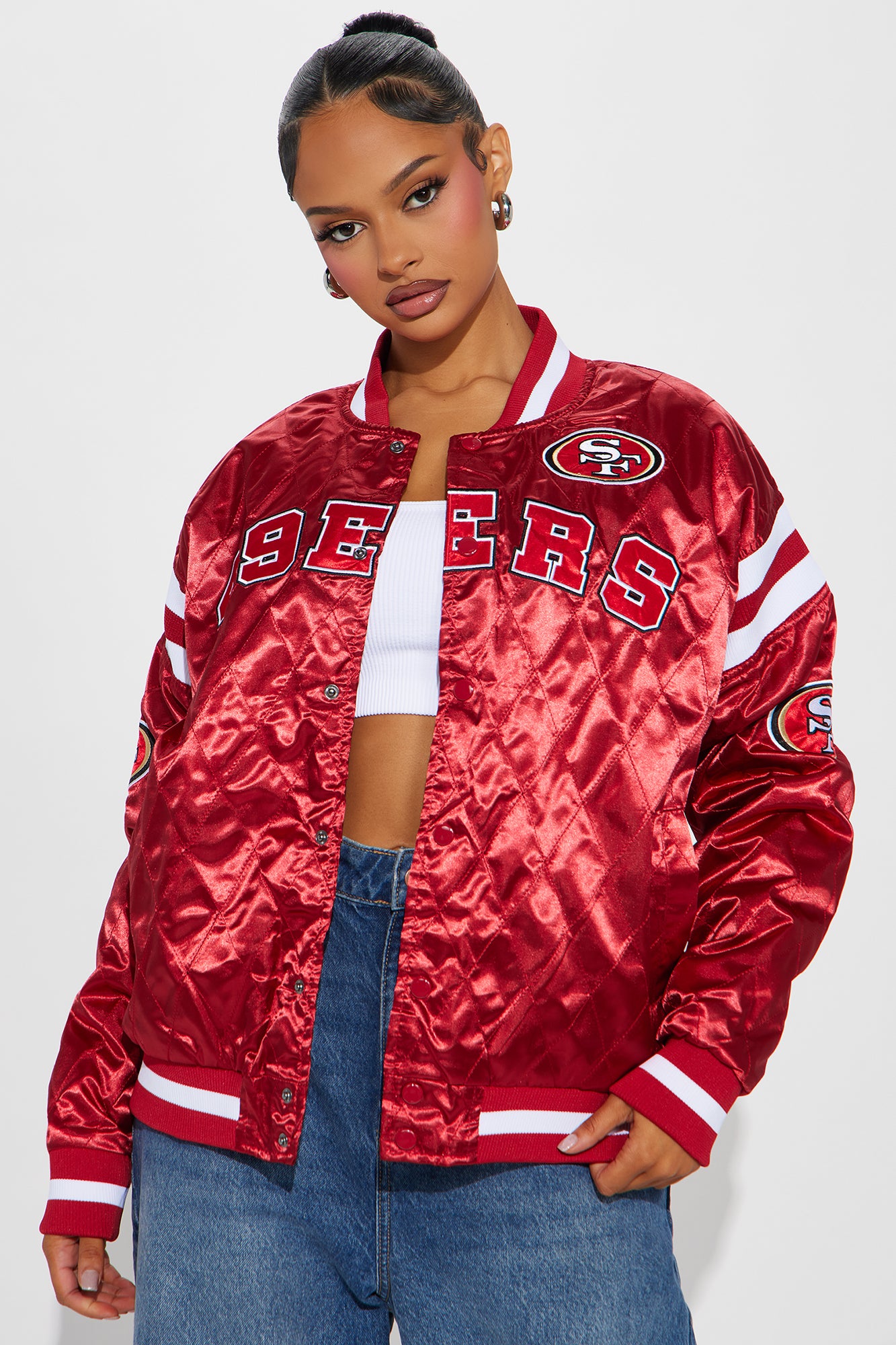San Francisco 49ers Embroidered Bomber Jacket - Quilted Stretch Shell with Graphic Patches, High Neck & Button Closure