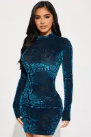 Teal Velvet Mock Neck Mini Dress - Long Sleeves & Stretchy Fit (33 Length)