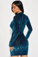 Teal Velvet Mock Neck Mini Dress - Long Sleeves & Stretchy Fit (33 Length)(Teal,XS)