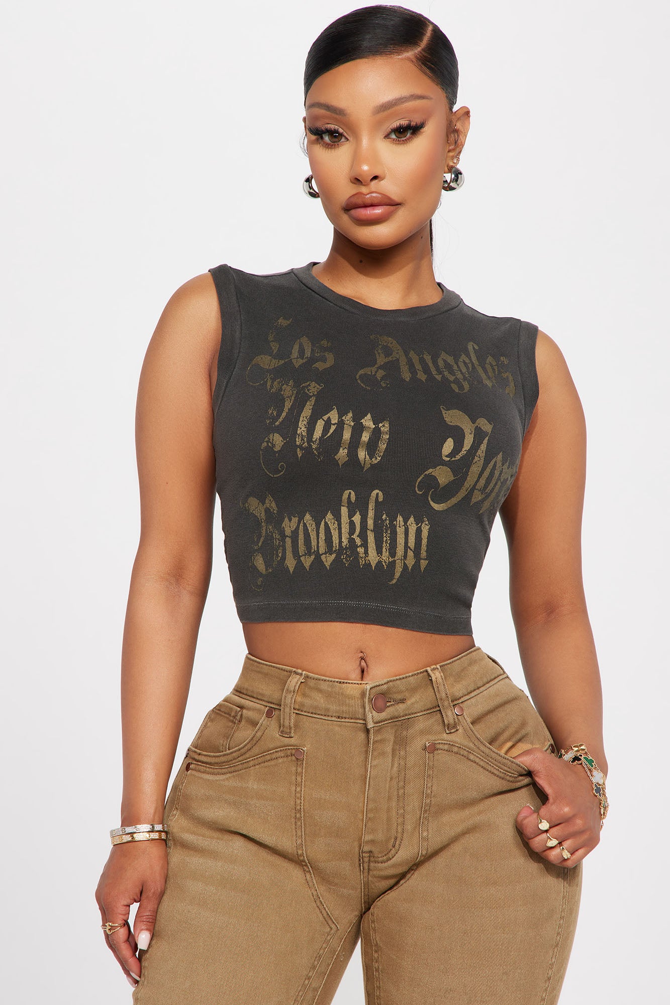 Charcoal Washed Ribbed Cotton Tank Top - Sleeveless Crew Neck with Foil Graphic