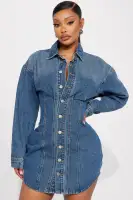 Vintage Wash Denim Mini Dress - Button Front & Long Sleeves - 100% Cotton(MEDIUM Wash,XS)