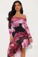 Floral Off-Shoulder Mini Dress with Long Sleeves & Asymmetrical Hem - Black/Pink