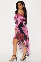 Floral Off-Shoulder Mini Dress with Long Sleeves & Asymmetrical Hem - Black/Pink(Black/Pink,XS)
