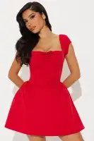 Elegant Ruched Mini Dress with Sweetheart Neckline & Bow Detail - Red or Black