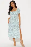 Floral Midi Dress with V-Neck & Puff Sleeves – Tie Front & Slit Detail – 100% Rayon – White/Blue/Yellow