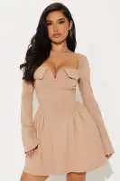 Elegant Ponte Mini Dress with Square Neckline & Long Bell Sleeves – Olive & Mocha
