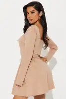 Elegant Ponte Mini Dress with Square Neckline & Long Bell Sleeves – Olive & Mocha(Mocha,XS)
