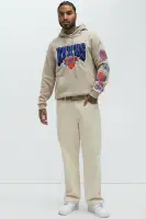 Drawstring Hood Long Sleeve Ribbed Cuff Hem Printed Hoodie(Sand,S)
