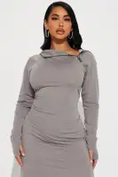 Elegant Charcoal Maxi Dress with Hood & Thumbholes – Stretchy Rayon Blend(Charcoal,XS)