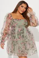 Elegant Sage Floral Chiffon Mini Dress with Balloon Sleeves & Square Neckline(Sage/combo,XS)