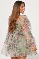 Elegant Sage Floral Chiffon Mini Dress with Balloon Sleeves & Square Neckline(Sage/combo,XS)