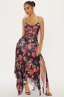 Floral Mini Dress with V-Neck & Spaghetti Straps - Black/Red Ruched Lace-Up Pixie Hem Stretch