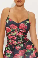 Floral Mini Dress with V-Neck & Spaghetti Straps - Black/Red Ruched Lace-Up Pixie Hem Stretch(Black/Red,XS)
