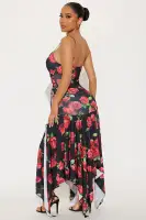Floral Mini Dress with V-Neck & Spaghetti Straps - Black/Red Ruched Lace-Up Pixie Hem Stretch(Black/Red,XS)