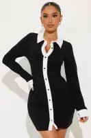 Elegant Black Collared Mini Dress with Long Sleeves & Button-Up Design – Stretchy Polyester Blend