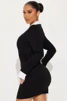 Elegant Black Collared Mini Dress with Long Sleeves & Button-Up Design – Stretchy Polyester Blend(Black,XS)