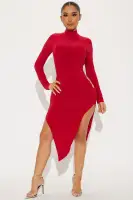 Elegant Asymmetrical Midi Dress with Cut-Outs & O-Ring Hardware - Black/Red