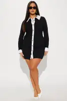 Elegant Black Collared Mini Dress with Long Sleeves & Button-Up Design – Stretchy Polyester Blend(Black,XS)