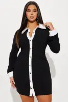 Elegant Black Collared Mini Dress with Long Sleeves & Button-Up Design – Stretchy Polyester Blend(Black,XS)
