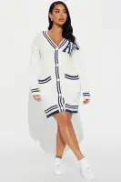 Stylish V-Neck Button Front Sweater Mini Dress with Pockets – Cream/Combo, Long Sleeves, Stretch Fit, 100% Acrylic(Cream/combo,XS)