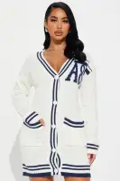 Stylish V-Neck Button Front Sweater Mini Dress with Pockets – Cream/Combo, Long Sleeves, Stretch Fit, 100% Acrylic