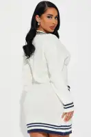 Stylish V-Neck Button Front Sweater Mini Dress with Pockets – Cream/Combo, Long Sleeves, Stretch Fit, 100% Acrylic(Cream/combo,XS)