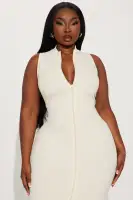 Stylish Textured Midi Dress - Mock Neck, Sleeveless, Zip Front (Black/Cream/Olive)(Cream,S)