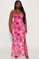 Elegant Pink Mesh Maxi Dress with Spaghetti Straps & Side Slit – Stretchy V-Neck Combo Dress(Pink/combo,XS)