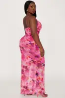Elegant Pink Mesh Maxi Dress with Spaghetti Straps & Side Slit – Stretchy V-Neck Combo Dress(Pink/combo,XS)