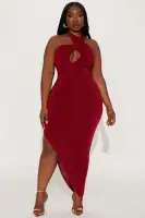 Elegant Red Maxi Dress with Halter Mock Neckline & High Side Slit – Stretchy Polyester Blend(Red,XS)