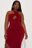 Elegant Red Maxi Dress with Halter Mock Neckline & High Side Slit – Stretchy Polyester Blend(Red,XS)