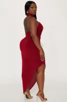 Elegant Red Maxi Dress with Halter Mock Neckline & High Side Slit – Stretchy Polyester Blend(Red,XS)