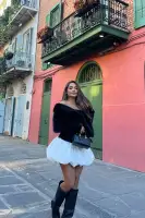 Sexy Off-Shoulder Bubble Mini Dress with Built-in Shorts - Black/White & Black Combo(Black/White,XS)