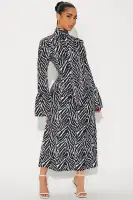 Elegant Printed Maxi Dress with Mock Neck & Flare Cuffs – Black/White – 65% Polyester 35% Cotton