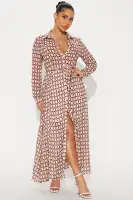 Elegant Brown Chiffon Midi Dress with Tie Waist & Long Sleeves