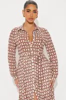 Elegant Brown Chiffon Midi Dress with Tie Waist & Long Sleeves(Brown/combo,XS)