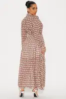 Elegant Brown Chiffon Midi Dress with Tie Waist & Long Sleeves(Brown/combo,XS)