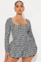 Stylish Black Tweed Bubble Mini Dress with Turtleneck & Open Back - Long Sleeve Stretch Fit