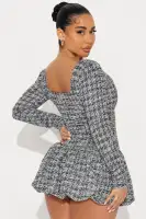 Stylish Black Tweed Bubble Mini Dress with Turtleneck & Open Back - Long Sleeve Stretch Fit(Black/combo,XS)